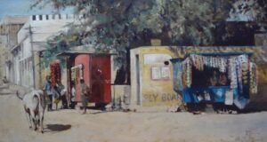 Oil painting of the square in Bhenswara Rajasthan