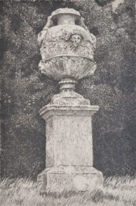 Etching of an urn in the grounds of Petworth House