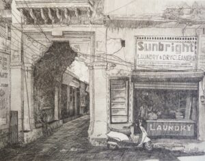 Etching of a shop front at Jagdish Chowk Udaipur Rajasthan