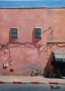 Oil painting of a street in Morocco