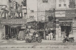 Etching of a street scene building supplies shop in Ho Chi Minh City Vietnam by Will Taylor